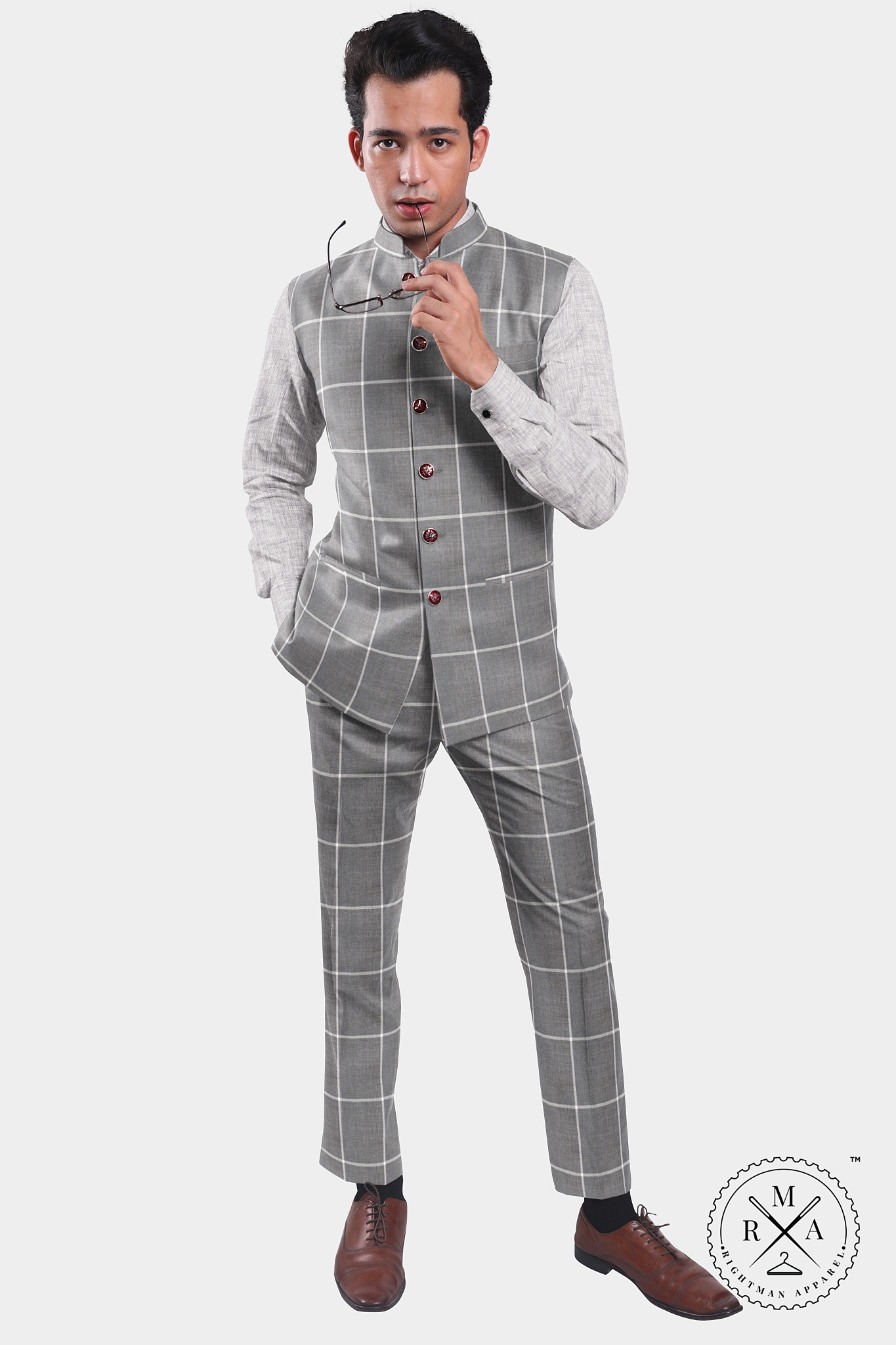 Grey Windowpane Checked TR Half Jacket SU42